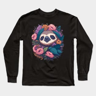 Cute Sloth head with flowers and foliage t-shirts and apparel, stickers, mugs, cases, pillow, Long Sleeve T-Shirt